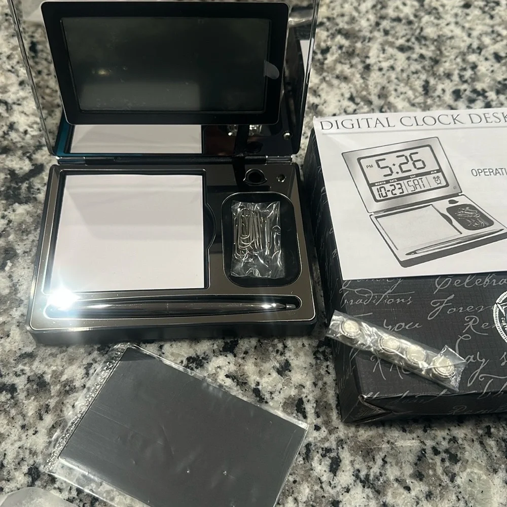 New in Box Digital Clock Desk Set with engrave-able plaque; grad/office gift
